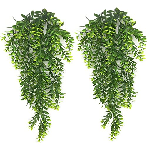 Artificial Hanging Vine, Faux Plastic Leaves Ivy Plants Fake Greenery Plant UV Resistant Vines Decor for Bedroom Indoor Outdoor Home Kitchen Garden Office Wall Wedding Christmas Decoration 2 Pack - color: Green Leaves Hanging Vine / 2 Pack