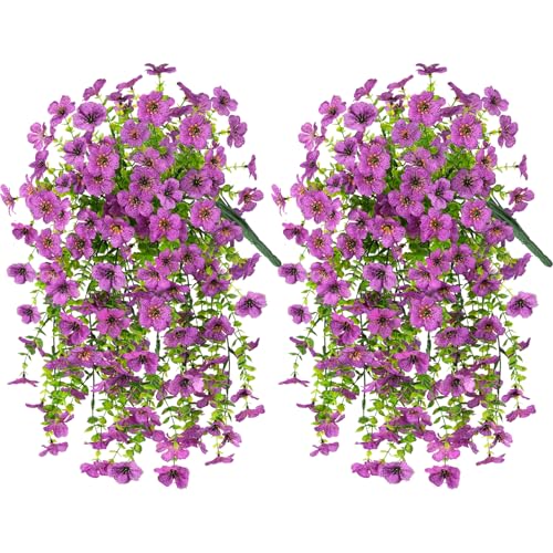 INQCMY 2Pcs Artificial Fake Hanging Flowers for Outdoors UV Resistant Artificial Plants for Spring Summer Decor Look Real Faux Flowers for Outside Home Planter Porch Patio Decor - color: Purple2