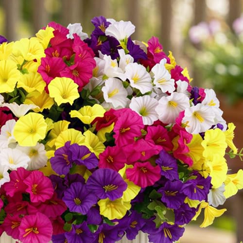 CEWOR Artificial Flowers for Outdoor Indoor, Fake Silk Morning Glory with Eucalyptus Leaves, Faux Flower for Garden Front Door Porch Planter Patio Home Decor (24 Bundles, Fuchsia Yellow White Purple) - color: 4 Color Morning Glory