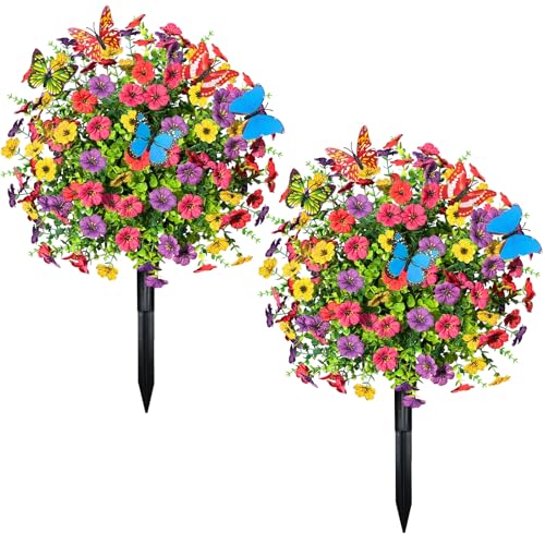 ICX 2 PCS Artificial Boxwood Topiary Ball Trees with Flowers, 23.6" Outdoors Fake UV Resistant Plants Faux Eucalyptus Shrubs Bushes for Porch Patio Garden (Butterfly) - color: Mix With Butterfly