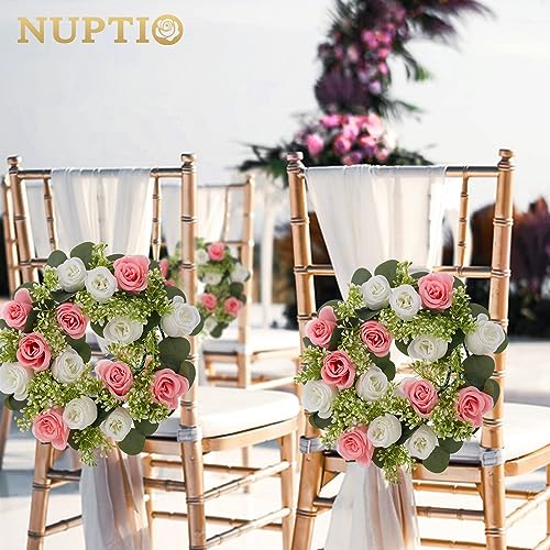 NUPTIO Flower Candle Rings for Centerpieces: 13.4 Inch Artificial Rose Wreath for Wedding Party Christmas - Pink & White Wreaths for Spring Summer Front Door Porch Table Decor 2 Pcs - color: Pink & White, size: Dia 13.4"-2pcs