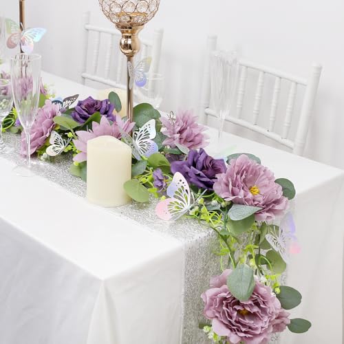 4 Pack 5.9 FT Artificial Flower Garland with Butterflies Fake Rose Garland Faux Greenery Eucalyptus Garlands for Wedding Table Backdrop Arch Centerpieces Decorations - Light Purple & Purple - color: Dusty Purple, size: 4 Pack