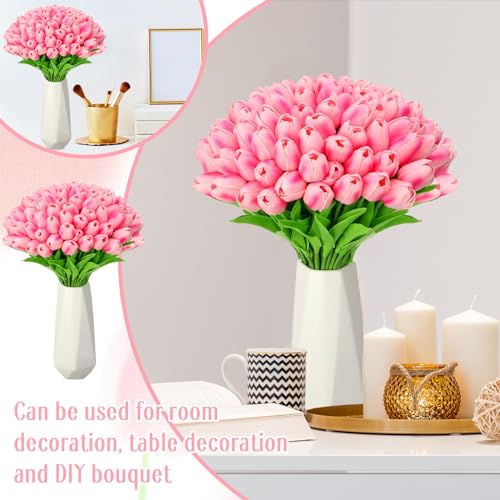 Jexine 100 Pcs Artificial Real Tulips Fake Artificial Tulip Flower Bulk Bouquet with Stem for Table Centerpieces Wedding Bridal Easter Mother's Day Garden Home Decor, 13.4''(Purple Rose) - color: Purple Rose