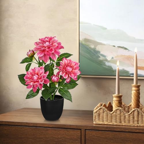 Artificial Plants & Flowers in Pot Rose Pink Dahlia Artificial Flowers Potted Plant Faux Silk Flower with Pot Fake Flower for Home Bathroom Table Centerpieces Wedding Shelf Desk Decor 16.5 Inch - color: Red-16.5