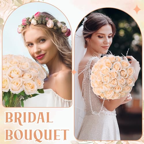 36 Pcs Champagne Artificial Roses with Long Stems, Fake Silk Rose Artificial Flowers Bulk for Bridal Wedding Bouquet Centerpiece Ball Arrangement Party Decor - color: Champagne