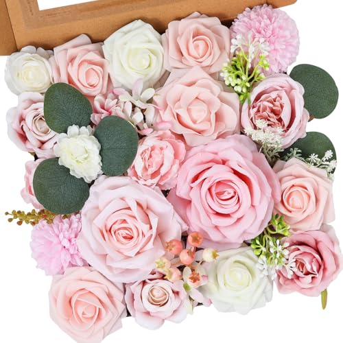 Artificial Flowers Combo Box Set Pink Roses Floral Fake Flowers Realistic Touch Flowers with Stems for Wedding Bouquets Table Centerpieces Home Decor - color: Pink Roses