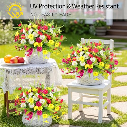 Artificial Flowers for Outdoors 12 Bundles Artificial Petunias Fake Flowers UV Resistant Shrubs Plants with Fern for Indoor Outside Hanging Planters Home Garden Spring Summer Decorations - color: White,magenta, Rose Red,yellow