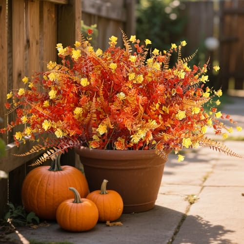 Artificial Fall Flowers for Outdoors,36 pcs Faux Outdoors Plants Realistic Artificial Autumn flower UV Resistant for outside Look Real Fake Plants for Thanksgiving Porch Decor Window planters wedding - color: Fall Red ＆ Yellow（with Fall Ferns）, size: 36 p