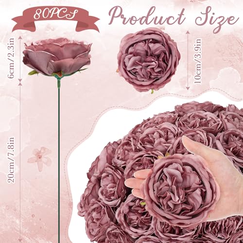 Suncalla 80 Pack Austin Rose Peonies, 3.94 Inch Artificial Flowers Heads Bulk with Stems Leaves for Arrangement Wedding Centerpiece Banquets Party Home Kitchen Decor DIY(Dusty Red) - color: Dusty Red