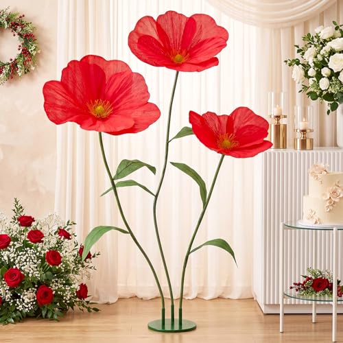 6ft Red Giant Flowers for Decoration with Stand, Large Artificial Poppy, Big Paper Flower Decor for Garden Wedding Party Photography Props Hotel Office Art Gallery Shop Window Display - color: Red