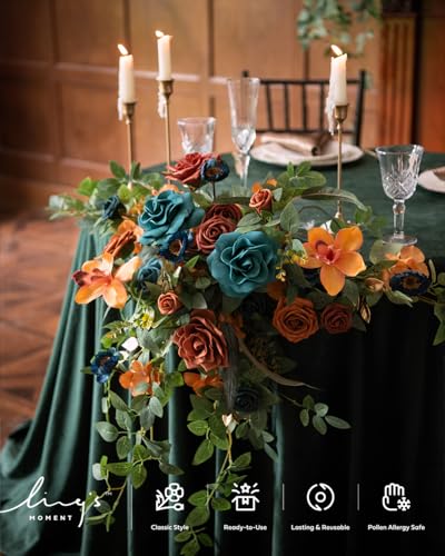 Ling's moment 2PCS Burnt Orange Artificial Flower Garland Wedding Arch Flowers Floral Swags Centerpieces Teal Blue Rose Terracotta Garlands Greenery for Table Easel Wall Entryway Board Backdrop - color: Or-teal & Terracotta