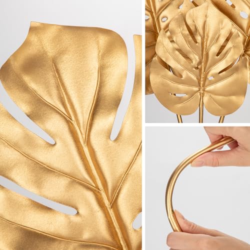 DILATATA 3 Pcs Artificial Monstera Leaves With Long Stem - Golden Tropical Plant, Gold Palm Leaves, Philodendron Fronds for Wedding, Hawaiian Luau, Jungle Party Decorations - color: Monstera#gold Pe 3pcs