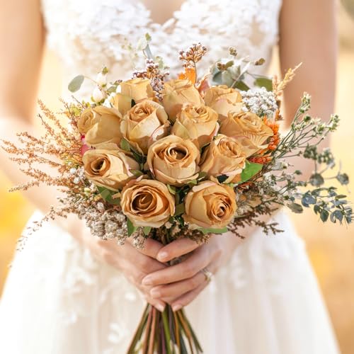 12Pcs Realistic Fake Champagne Roses Faux Flowers with Long Stems, Artificial Silk Rose Flowers for Valentines Day Home Wedding Decor Bridal Bouquet - color: Champaign