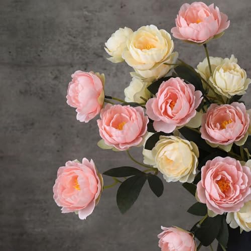 6 Pcs 32" Large Beige Pink Artificial Peonies Stems Flowers, Real Look Faux Silk Peony Bouquet 42 Heads Total for Vase Filler, Farmhouse Rustic Neutral Home Decor, Wedding Centerpieces - color: Beige and Pink