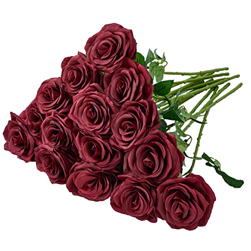 15pcs Artificial Rose Flowers Long Stem Burgundy Fake Silk Roses for DIY Wedding Bouquet Table Centerpiece Home Decor (VASE is NOT Included) - color: Burgundy