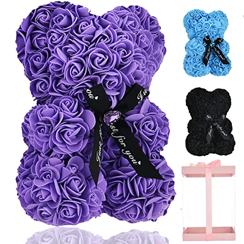 Lgv Flower Rose Bear,Romantic Gift for Valentine's Mother's Day, Christmas, Birthday,Girl Friend Her Mom Female Wife with Artificial Heart-Shaped Diamonds Purple - color: Purple