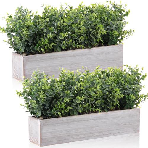 Lyrow 2 Pack Artificial Eucalyptus Plant in Rustic Rectangular Wooden Planter Box Greenery Faux Potted Herb Plant for Indoor Wedding Table Centerpiece(Green,16.1 x 3.7 x 8.7 Inches,Classic Style) - color: White, size: 16.1 Inch, style: White Frosted Point