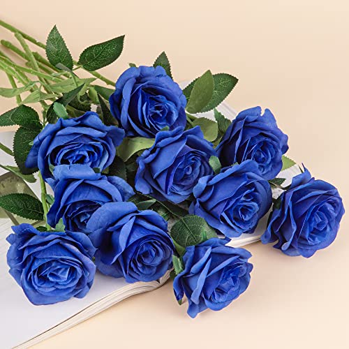 10pcs Royal Blue Silk Roses Artificial Rose Flowers Long Stem for DIY Wedding Bouquet Table Centerpiece Home Decor (Royal Blue) - color: Royal Blue