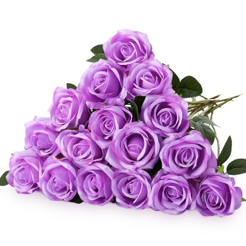 Hotop 20 Pcs Artificial Rose Flowers with Long Stem, Real Lifelike Silk Realistic Plastic Bouquet Roses Bulk for Home Decor Bridal Wedding Party Table Centerpieces Decorations(Purple) - color: Purple
