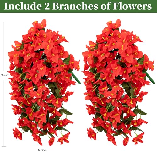 Artificial Bougainvillea Hanging Flowers Plants - 2 PCS faux Bougainvillea artificial flowers with Long Trailing Vines for Outdoor Decoration, Perfect for Porch, Garden, Urn Patio Balcony (Red) - color: Red