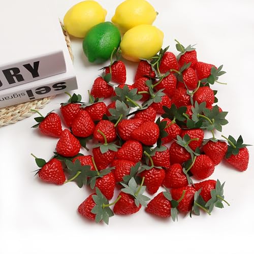 50PCS Simulation Fruit Strawberry Realistic Fake Fruit Strawberry Used for Home Kitchen Party Decoration Photography Props Fruit Basket Decoration Christmas Thanksgiving Gift - color: Strawberry