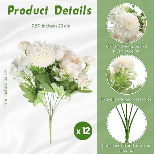 Tigeen Artificial Flowers Artificial Peonies Silk Flowers Faux Peony Fake Peony Silk Hydrangea Bouquet for Wedding Table Centerpiece Floral Vase Decor(Champagne White,12 Bundles) - color: Champagne White