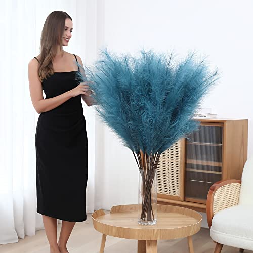 8 Pcs 45 inch Tall Faux Pampas Grass Decor, Large Artificial Blue Pompous Grass Bulk, Long Fake Pompas for Floor Vase Filler, Wedding, Baby Shower, Home and Boho Decor (Blue) - color: Blue