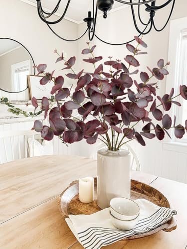 GnFlus 5 Pcs Artificial Burgundy Eucalyptus Stems Fall Fake Leaves Plants Tall 30" Red Silk Eucalyptus Stems Branches Fall Floral Arrangement Decoration, Faux Plant Farmhouse Indoor Home Wedding Decor - color: Red