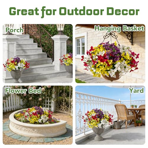 24 Bundles Artificial Flowers for Outdoors，Plastic Flowers Uv Resistant Fake Plants Bulk for Spring Summer Hanging Planter Porch Window Garden Home Decor