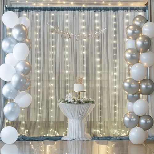 Silver Grey Tulle Backdrop Curtain with Lights String for Parites 10x8ft Sheer Backdrop Curtains for Birthday Party Bridal Shower Baby Shower Wedding Ceremony Prom Photo Booth Background Decorations - color: Silver Grey, size: 10 ft X 8 ft(2 Panels 5ft X