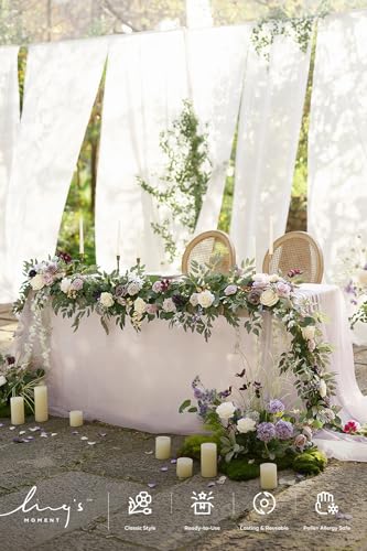 Ling's moment 9FT Flower Garland for Backdrop Decorations - Wedding Arch Flowers, Eucalyptus & Rose, Artificial Floral Garland for Mantel - Sweetheart Table Decor for Ceremony Reception, Lilac & Gold - color: Prpl-lilac & Cream