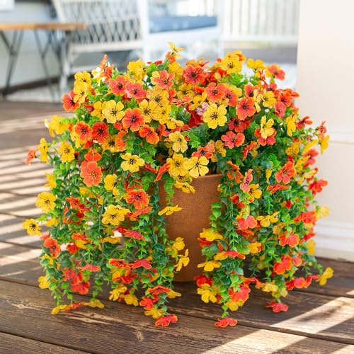 HyeFlora Artificial Flowers for Outdoors Decoration, 2Pcs Fake Hanging Spring Decor, Yellow and Orange Realistic Plants, UV & Fading Resistant Silk Flower for Porch Patio Balcony Planter Yard - color: Orange+yellow