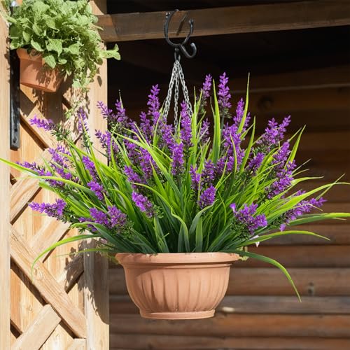 12 Bundles Artificial Plants, Outdoor Fake Spring Grass with Flowers for Pot UV Resistant Garden Decor for Garden Patio Hanging Planter Pathway Front Porch ，Red - color: Red