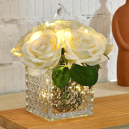 Fule Artificial Silk Rose Flower Centerpiece Arrangement in Glass Vase with LED Light for Home Wedding Decoration (Ivory) - color: Ivory