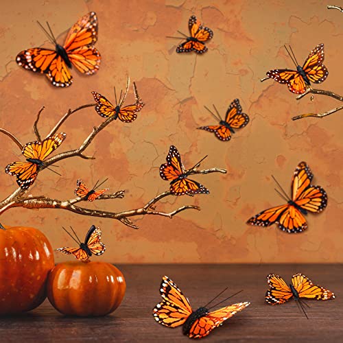 24 Pcs Monarch Butterfly Decorations 4 Size Artificial Monarch Feather Fake Butterfly Picks Crafts with Wire for Wall Flower Pot Spring Floral Party Home Decor(Orange) - color: Orange