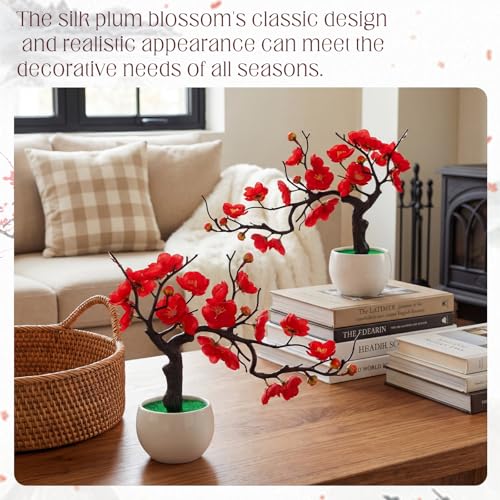 Suncalla 4 Pack Artificial Red Plum Blossom Fake Bonsai, Silk Flower Arrangement with Flower Pot, Cherry Blossoms Decor for Hibachi Party Chinese Japanese Asian Theme Party Supplies (Lateral) - style: Lateral