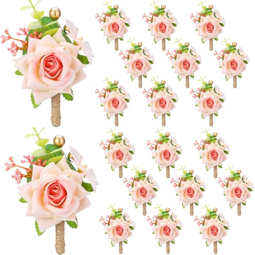 Sherr 12 Pcs Boutonniere for Men Wedding Flower Boutonniere Rose Corsage Set with Pin for Groom Groomsmen Prom Western Wedding Anniversary Dinner Fall Party Decor(Pink) - color: Pink