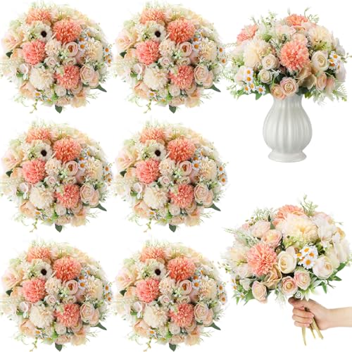 Tigeen 6 Bundles Artificial Bouquet Flowers Artificial Peonies Faux Roses Hydrangea Flowers Bouquet for Wedding Table Centerpiece Floral Vase Decor (Champagne) - color: Champagne