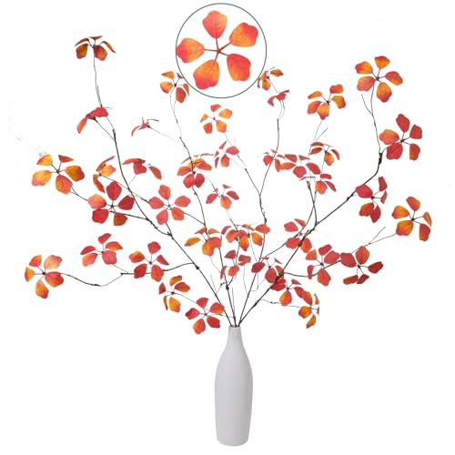4 Pcs 38.5" Tall All-Orange Artificial Branches with Leaves, Realistic Faux Ficus Greenery Stems, Bendable Fake Plant Twigs for Tall Floor Vases, Home, Office Spring Decor(Autumn Five-Leaf) - color: Autumn Five-leaf