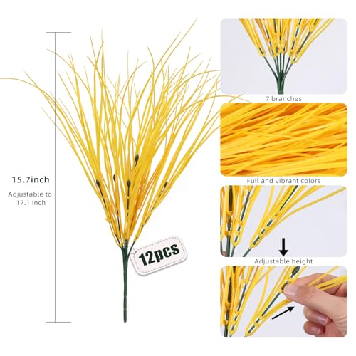 RECUTMS 12Pcs Artificial Grasses Outdoor Plants Tall Grass Spring Fake Grass Plant Plastic Artificial Shrubs for Planters Wedding Indoor Outside Garden Porch Home Office Window Box Decor(Pure Yellow) - color: Pure Yellow Grass
