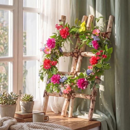 Giegxin 1 Pack 6 ft Artificial Flower Garland Flower with Dahlia and Wildflower Pink Purple Fake Wisteria Vines Summer Greenery Eucalyptus Garland for Wedding Mantle Porch Stair Table Indoor Decor - style: Dahlia,Wildflower