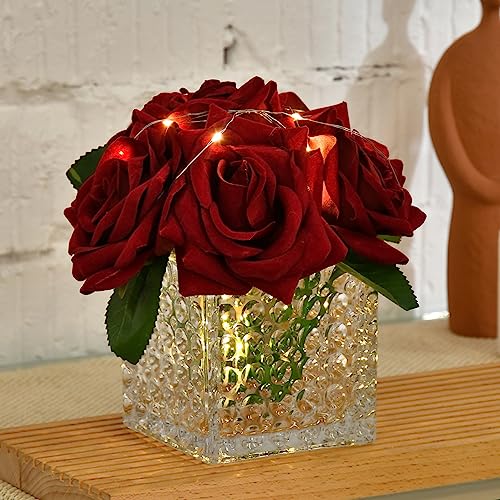 Fule Artificial Silk Rose Flower Centerpiece Arrangement in Glass Vase with LED Light for Home Wedding Decoration (Burgundy) - color: Burgundy