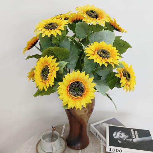 ATFL 12PCS Yellow Sunflowers Artificial Flowers, 24''Fake Silk Sunflower with Long Stem, Artificial Sunflowers for Fall Home Decor, Baby Shower, Wedding Decor and Cemetery Flowers Decor - size: 24"