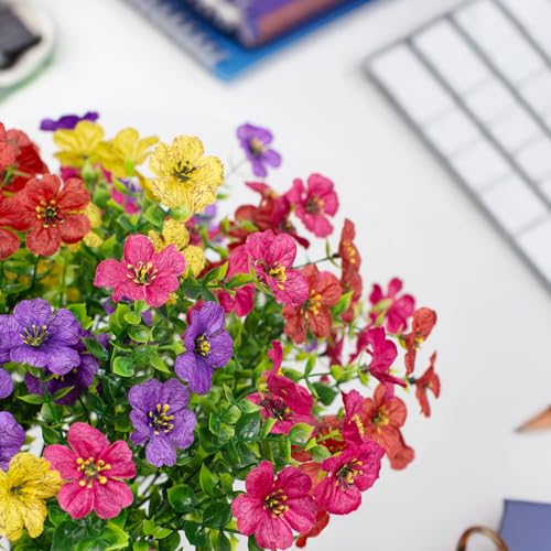 LikSoor 16 Bundles Artificial Flowers Outdoor Spring Summer Decoration Fake Silk Colorful Daisy Eucalyptus Realistic UV Resistant Outside Faux Plants for Garden Porch Window Box Home Decor(Yellow) - color: Yellow