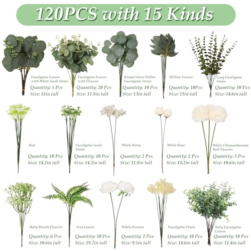 120PCS 15 Kinds Artificial Eucalyptus Stems Mixed Faux Eucalyptus Stems Leaves and Flowers Bulk Silver Dollar Eucalyptus Stems for Floral Arrangements Wedding Home Vase Bouquet Greenery Decoration - color: Sage Green & White