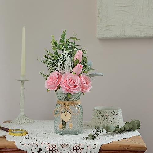 Faux Flowers with Vase,Artificial Silk Roses in Vase, Fake Plant Eucalyptus Flower Arrangement for Home Office Farmhouse Bathroom Dining Table Centerpiece Decorations Coffee Table Decor (Pink) - color: Pink
