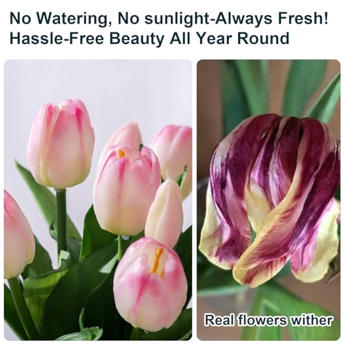 Bailikang 20PCS Fake Tulips Artificial Tulip Silk Flowers Fake PU Bouquet Artificial Flowers Faux Flowers with Gift Box Soft Faux Tulips Bouquets Arrangements for Party Wedding Home - color: Light Pink