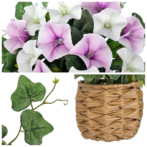 Briful 2 Pack Fake Morning Glory with Handwoven Basket - 8.2in Faux Potted Flowers Silk Floral Table Centerpiece for Home Office Room Shelf Desk Decor - color: Dusty Purple