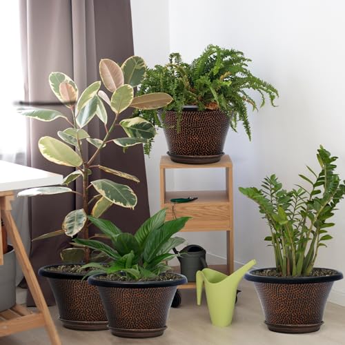 Quarut 12 Inch Pots for Plants,4 Pack Large Flower Pots with Drainage Hole & Saucer,Modern Planters for Indoor Outdoor Plants,Decorative Resin Garden Pots Brown - color: Diamond Pattern-brown, size: 12 inch-4 Pack