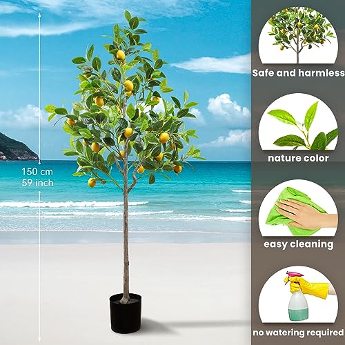 Gresorth 5Feet Artificial Lemon Tree Decoration Fake Plants with Fruits for Home House Table Office Garden Indoor Outdoor Plastic Pot Realistic Leaves - color: 5ft Lemon Tree